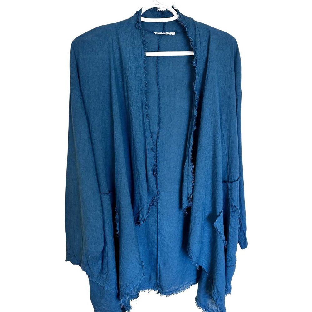 Womens Open Front Linen Cardigan Frayed Edges Italy Medium Teal Blue Lagenlook
